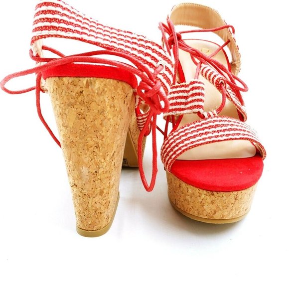 Yoki Womans Nolan 30 Fabric Lace Up High Heel Platform Sandals Red  Sz 8 M NEW - Picture 3 of 9